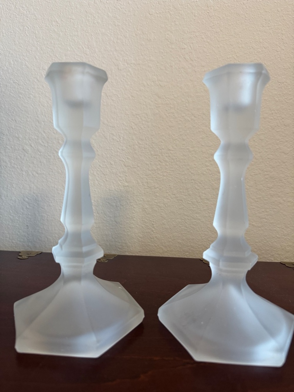 Vintage Pair of Frosted Glass Candle Holders - White - Unbranded